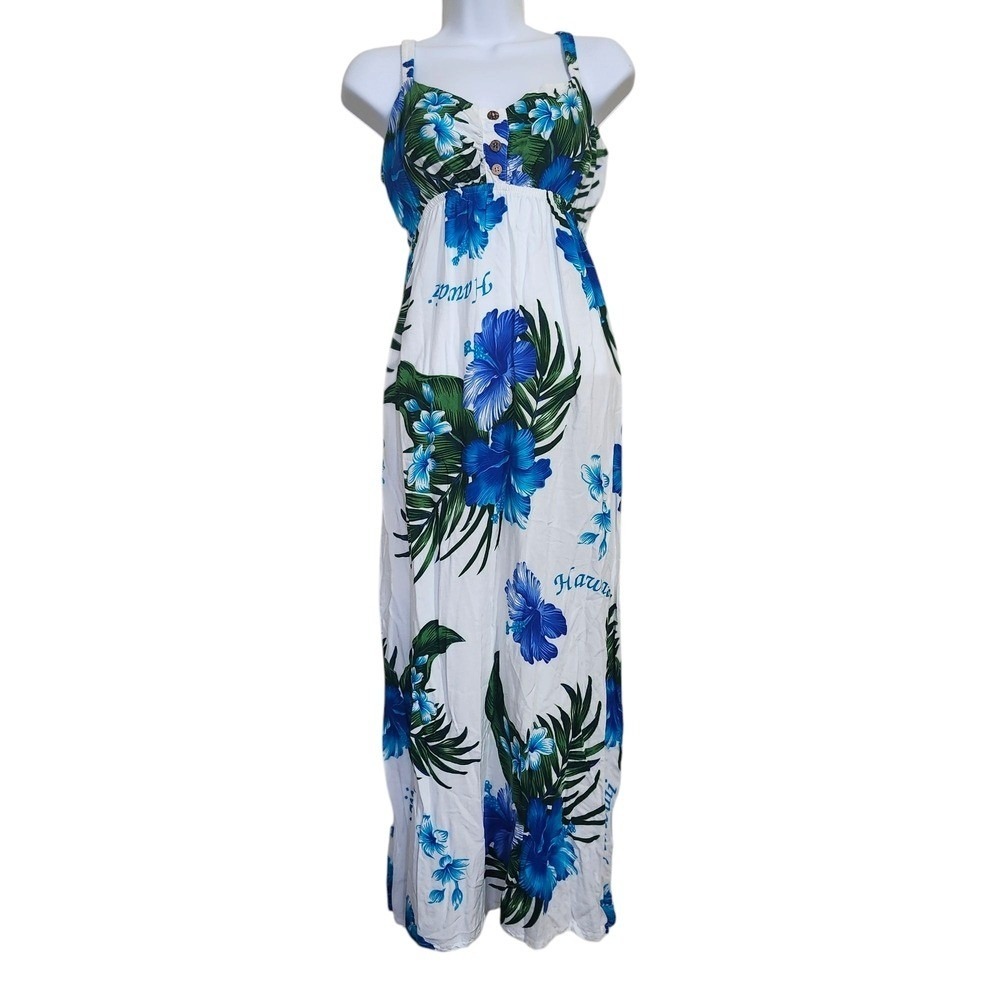 VTG Aloha Fashion Hawaiian Floral White Blue‎ Rouched Sundress Spelled Out Small